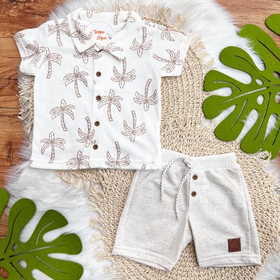 Conj. Camiseta Coqueiros e Bermuda em Linho - Areia e Marrom